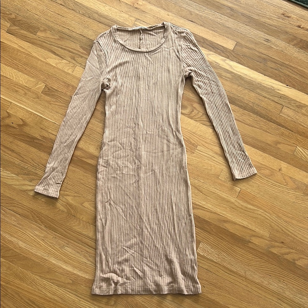 Reformation Cream Ribbed Bodycon Dress Long Sleeve Casual